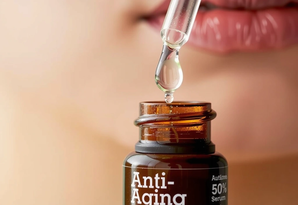 Anti-Aging Serum dropper bottle with a focus on skin texture