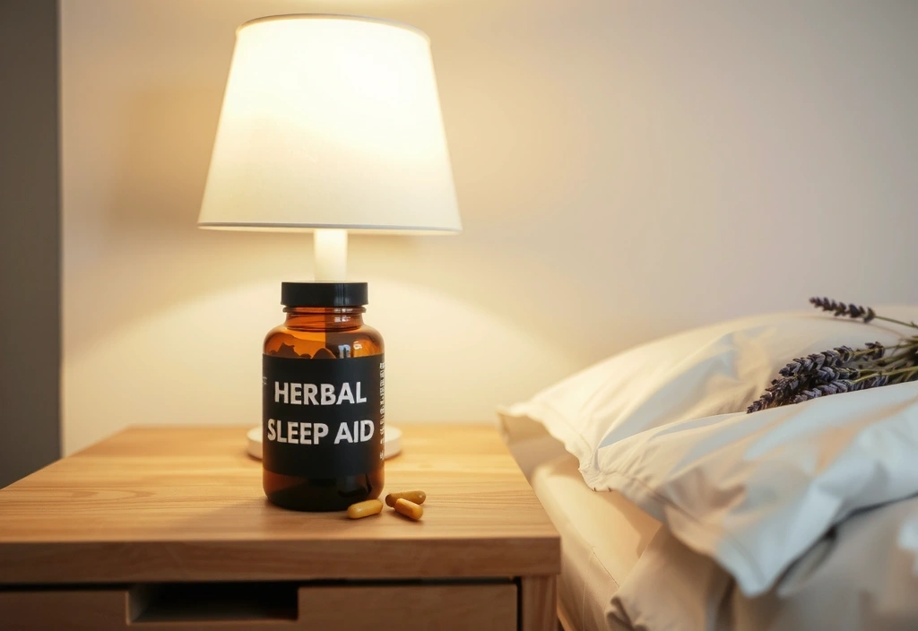Herbal Sleep Aid bottle on a bedside table