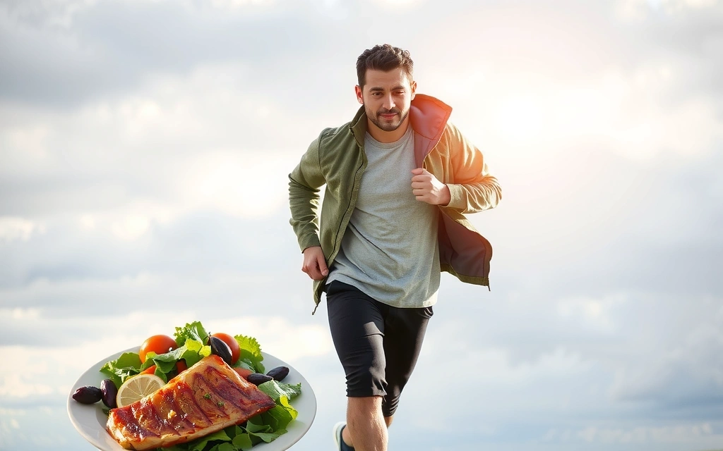 Man exercising and eating healthy