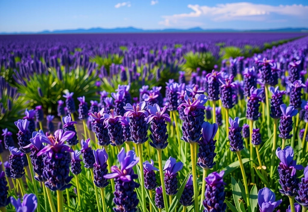 A field of lavender flowers under a clear sky.