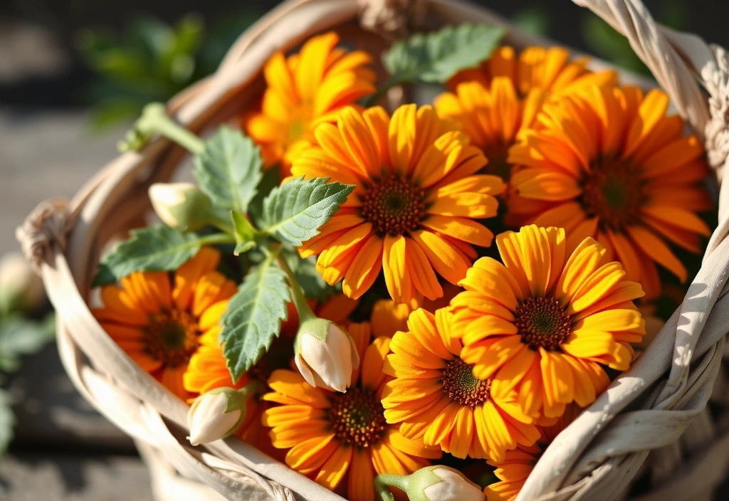 Freshly picked calendula flowers in a basket.
