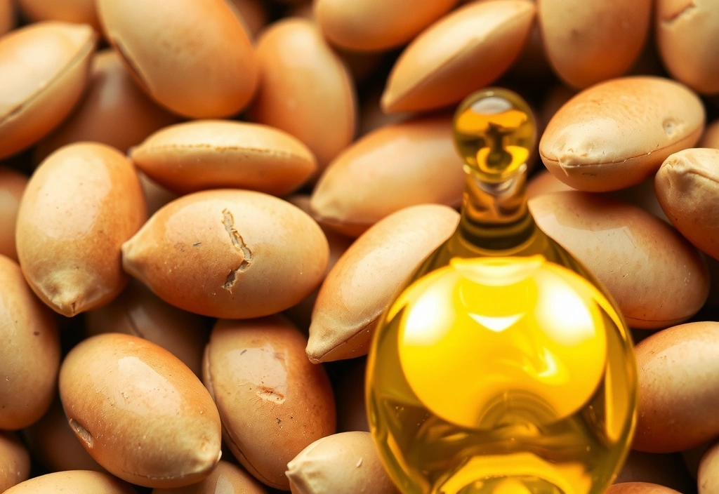 Golden jojoba seeds and a droplet of jojoba oil.