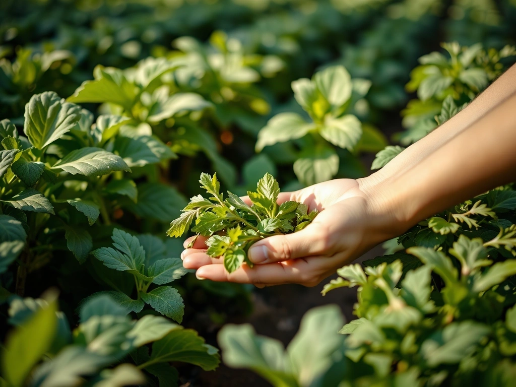 Hands gently harvesting herbs in a lush, green organic farm field, symbolizing sustainable practices.
