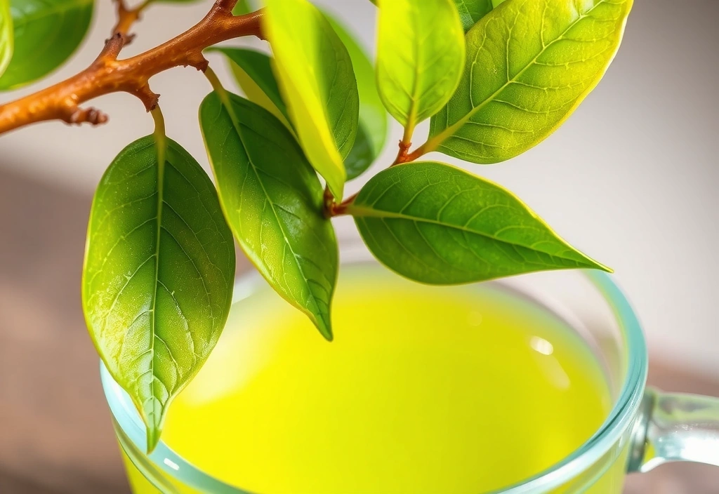 Vibrant green tea leaves and a cup of freshly brewed green tea.